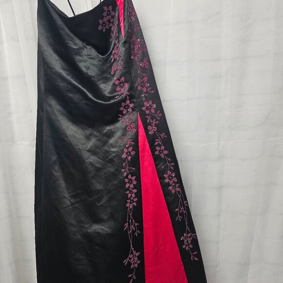 Vintage Kasia for Debut Y2K Black Satin Evening Gown Lace Up Beaded Maxi 22 - Picture 6 of 10